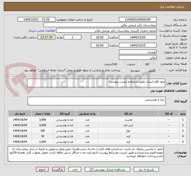 تصویر کوچک آگهی پنج  قلم لبنیات طبق شرایط و لیست پیوست.