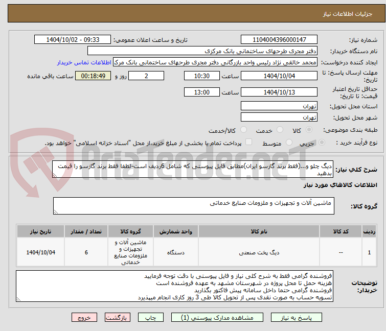 تصویر کوچک آگهی دیگ چلو و...(فقط برند گازسو ایران)مطابق فایل پیوستی که شامل 6ردیف است-لطفا فقط برند گازسو را قیمت بدهید