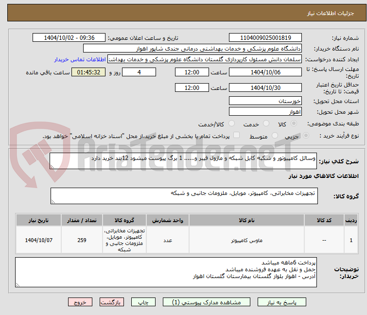 وسائل کامپیوتور و شکبه کابل شبکه و ماژول فیبر و...... 1 برگ پیوست میشود 12بند خرید دارد