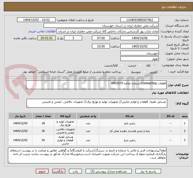 تصویر کوچک آگهی قطعات connecting/ شماره تقاضا 0432070