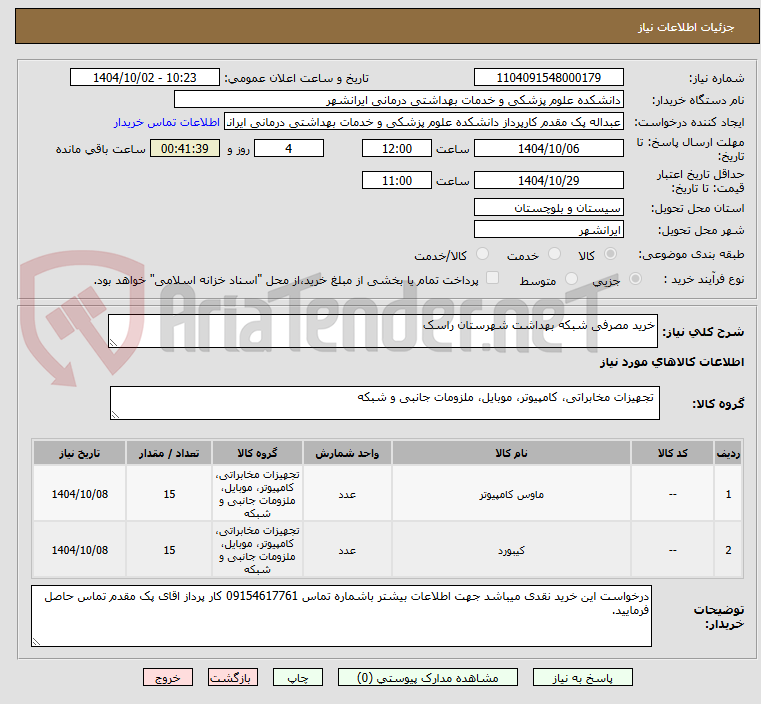 تصویر کوچک آگهی خرید مصرفی شبکه بهداشت شهرستان راسک