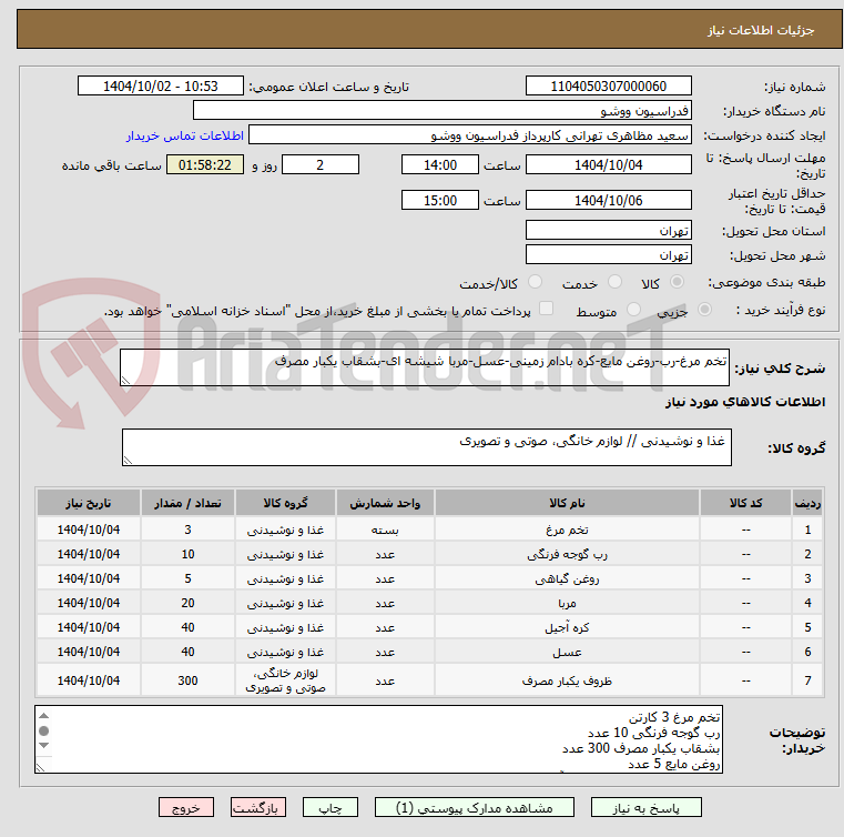 تصویر کوچک آگهی تخم مرغ-رب-روغن مایع-کره بادام زمینی-عسل-مربا شیشه ای-بشقاب یکبار مصرف