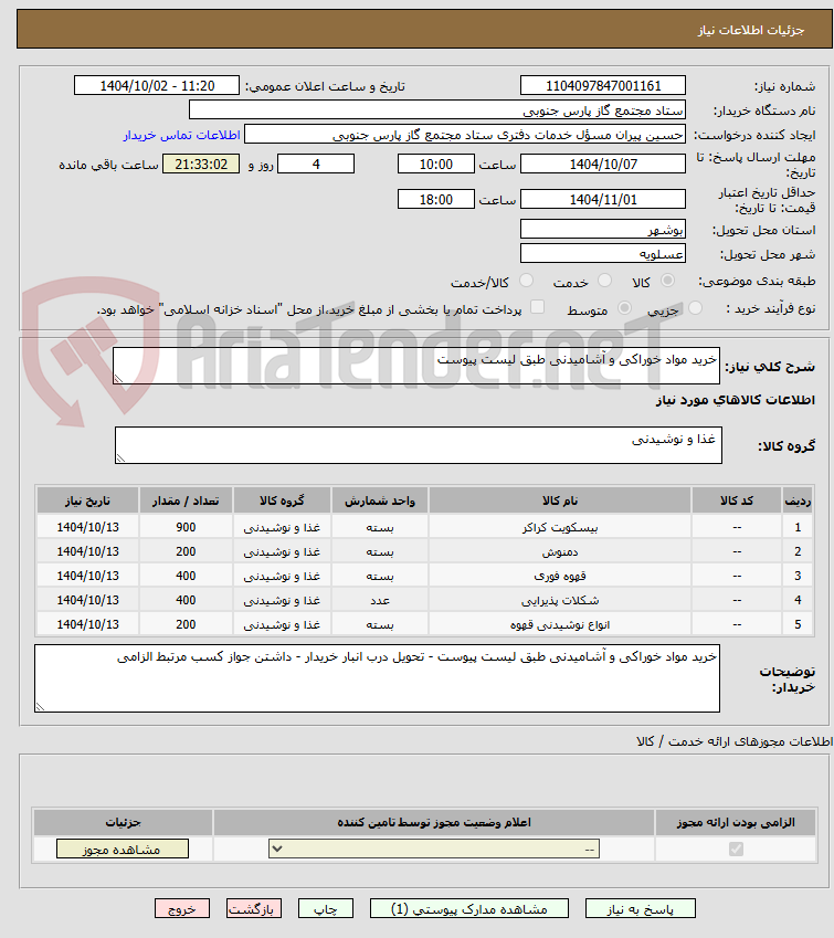 تصویر کوچک آگهی خرید مواد خوراکی و آشامیدنی طبق لیست پیوست