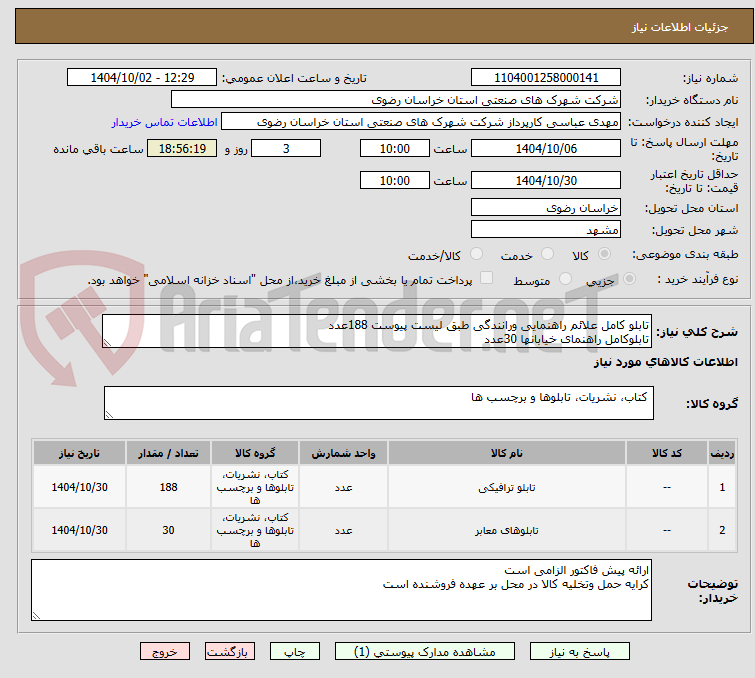 تصویر کوچک آگهی تابلو کامل علائم راهنمایی ورانندگی طبق لیست پیوست 188عدد
تابلوکامل راهنمای خیابانها 30عدد