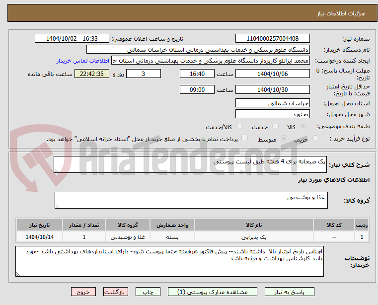 تصویر کوچک آگهی پک صبحانه برای 4 هفته طبق لیست پیوستی