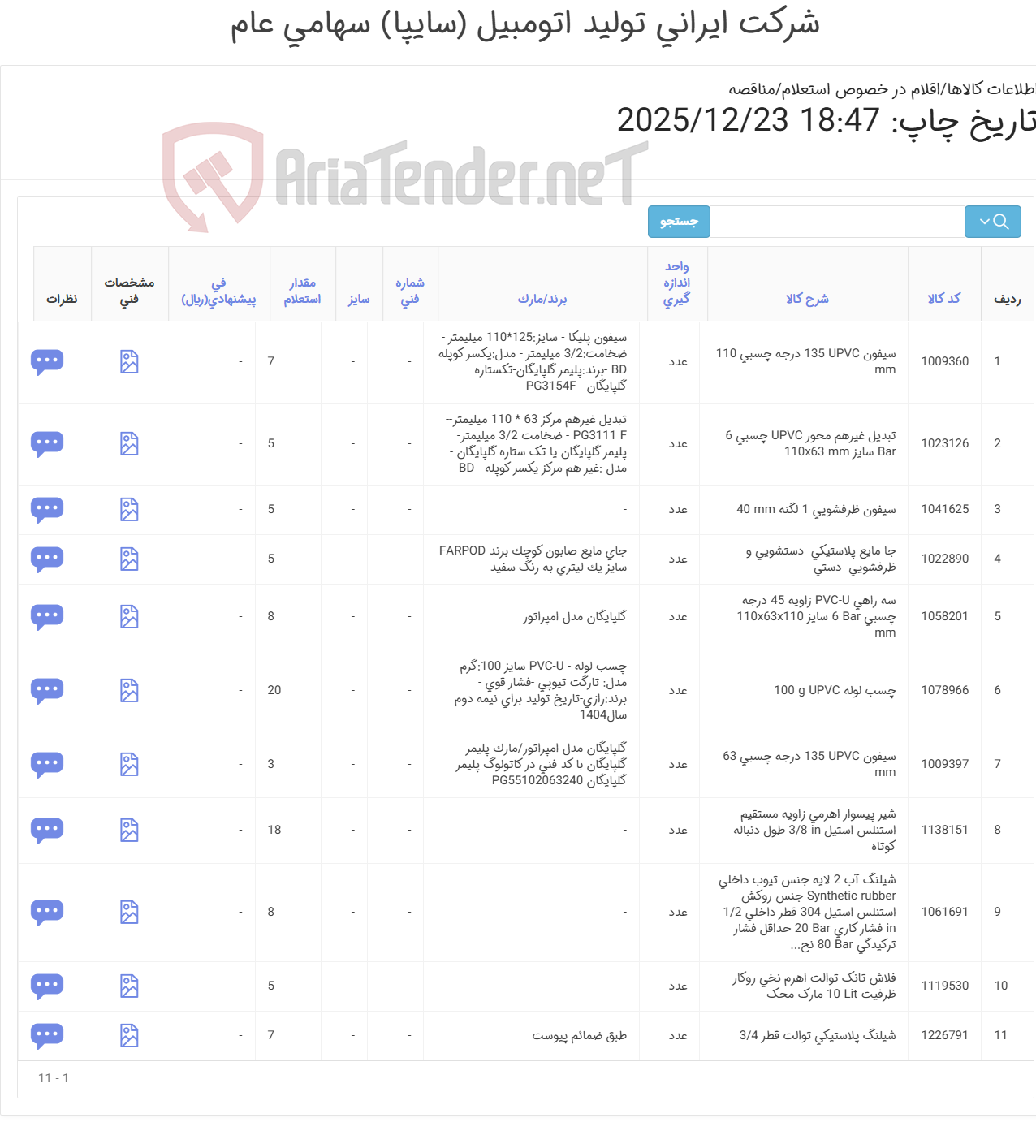 تصویر کوچک آگهی اقلام تاسیسات (طبق ضمائم پیوست
