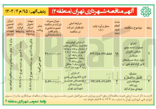 تصویر کوچک آگهی اجرای عملیات ادامه محور خیابان دلاوران حد فاصل دیوار بنیاد مستضعفان تا بزرگراه امام علی ( ع )