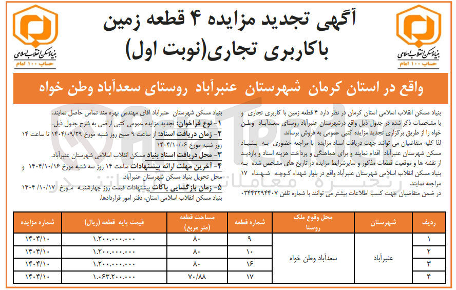 تصویر کوچک آگهی فروش ۴ قطعه زمین با کاربری تجاری