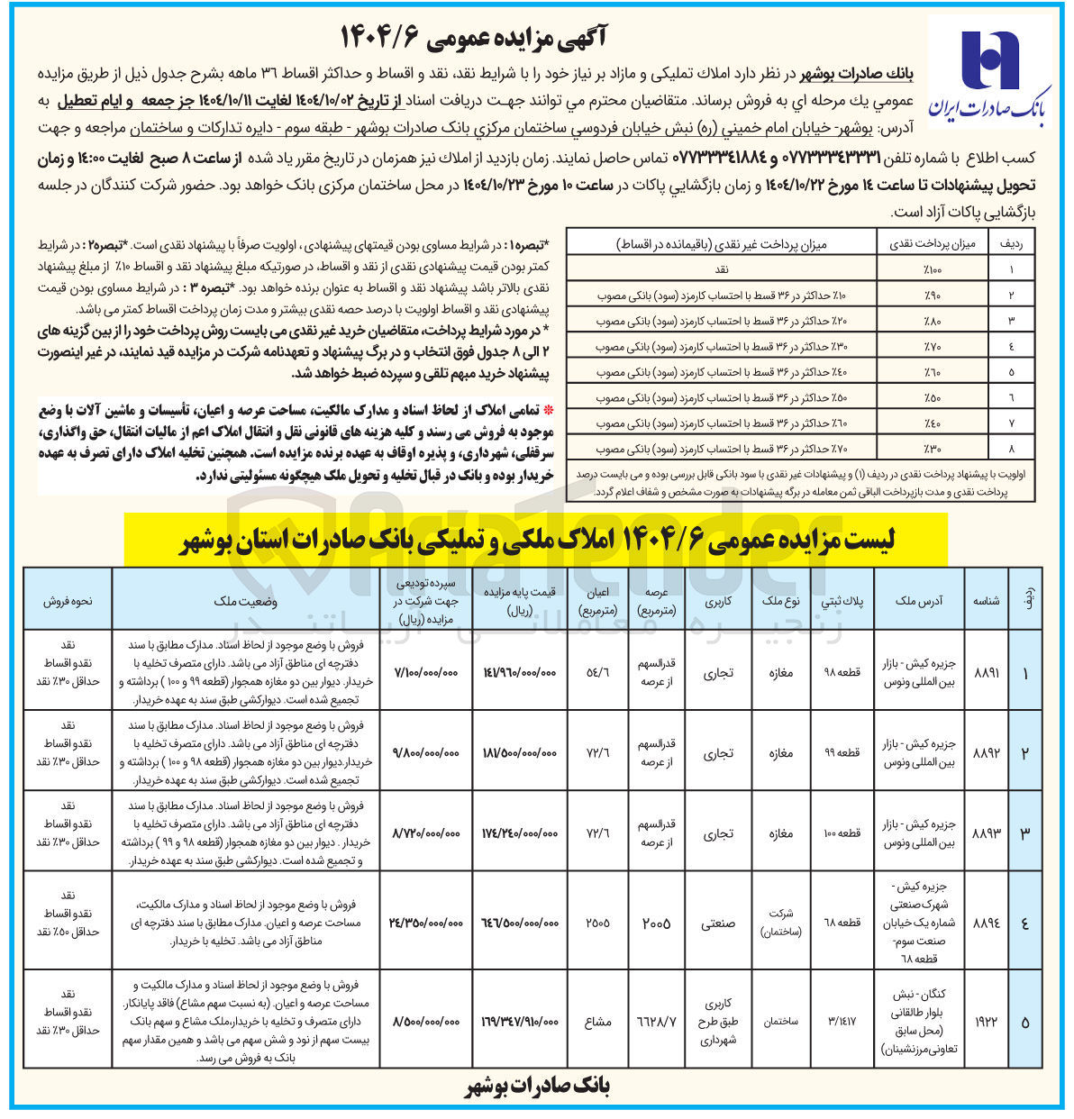 تصویر کوچک آگهی فروش املاک تملیکی و مازاد
