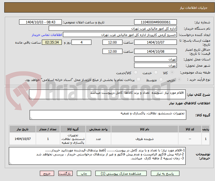 تصویر کوچک آگهی اقلام مورد نیاز :شوینده تعداد و برند کالاها کامل درپیوست میباشد