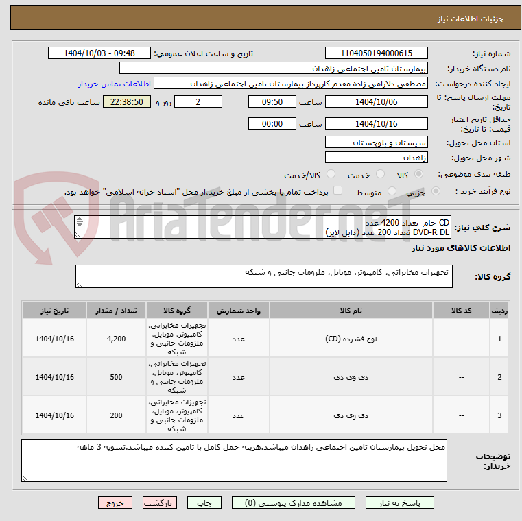 تصویر کوچک آگهی CD خام  تعداد 4200 عدد
DVD-R DL تعداد 200 عدد (دابل لایر)
DVD خام 500 عدد