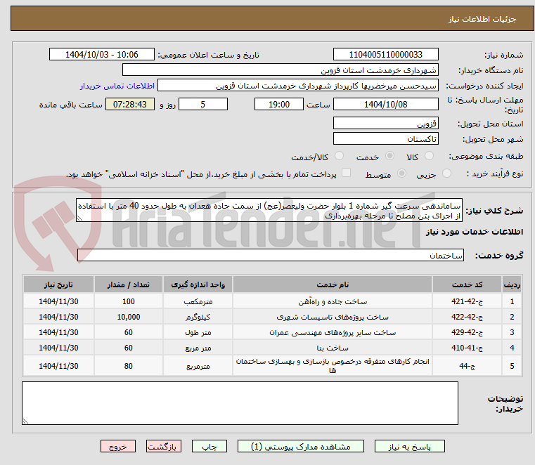 تصویر کوچک آگهی ساماندهی سرعت گیر شماره 1 بلوار حضرت ولیعصر(عج) از سمت جاده هعدان به طول حدود 40 متر با استفاده از اجرای بتن مصلح تا مرحله بهرهبرداری