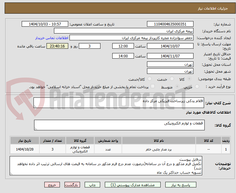 تصویر کوچک آگهی اقلام یدکی زیرساخت فیزیکی مرکز داده