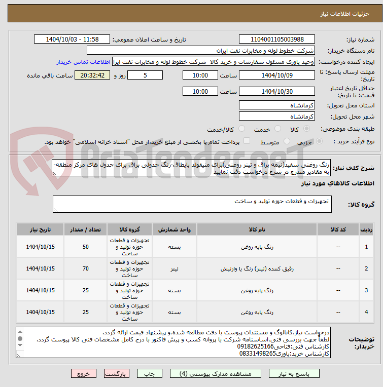 تصویر کوچک آگهی رنگ روغنی سفید(نیمه براق و تینر روغنی)بزای منیفولد پایطاق-رنگ جدولی براق برای جدول های مرکز منطقه-به مقادیر مندرج در شرح درخواست دقت نمایید