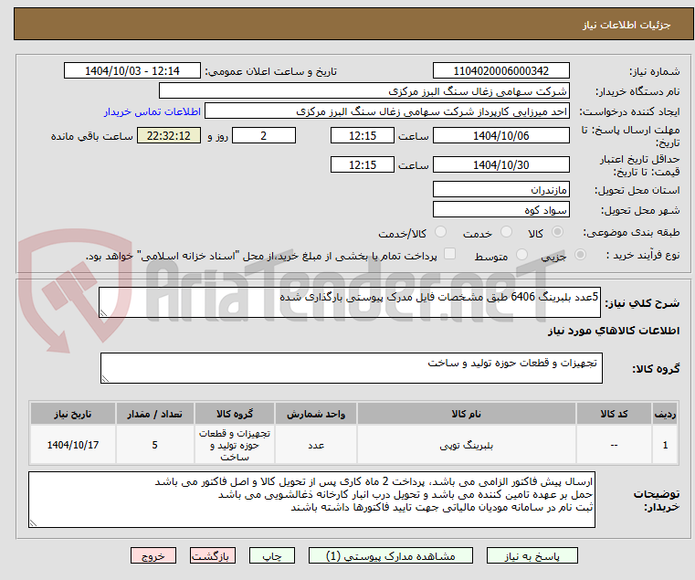تصویر کوچک آگهی 5عدد بلبرینگ 6406 طبق مشخصات فایل مدرک پیوستی بارگذاری شده
