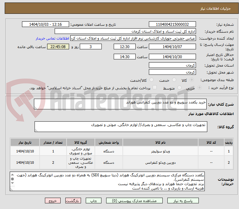تصویر کوچک آگهی خرید یکعدد سوییچ و دو عدد دوربین کنفرانس هوراند 
