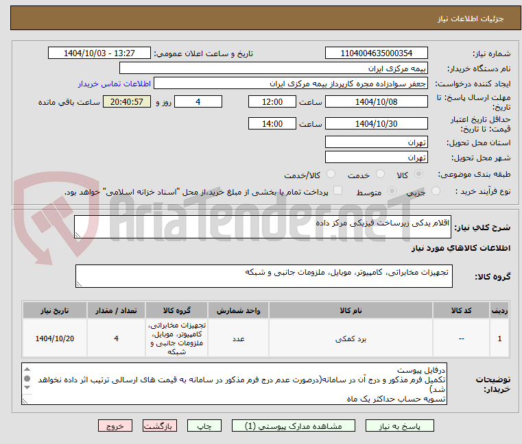 تصویر کوچک آگهی اقلام یدکی زیرساخت فیزیکی مرکز داده 
