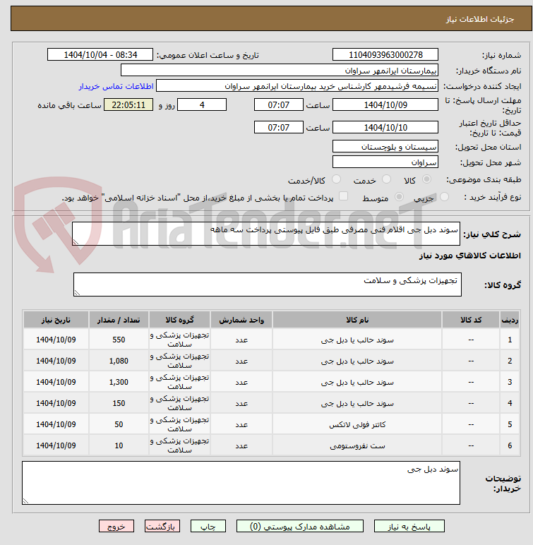 تصویر کوچک آگهی سوند دبل جی اقلام فنی مصرفی طبق فایل پیوستی پرداخت سه ماهه