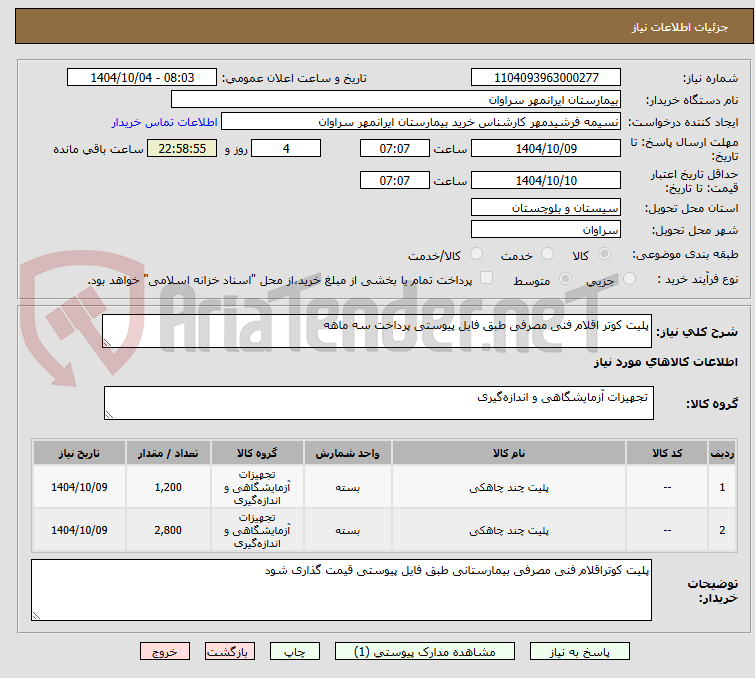 تصویر کوچک آگهی پلیت کوتر اقلام فنی مصرفی طبق فایل پیوستی پرداخت سه ماهه