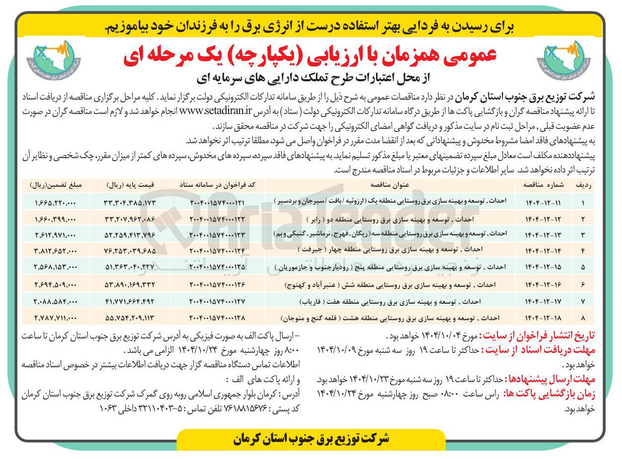 تصویر کوچک آگهی احداث توسعه و بهینه سازی برق روستایی منطقه یک ارزوئیه / بافت / سیرجان و بردسیر ) 
