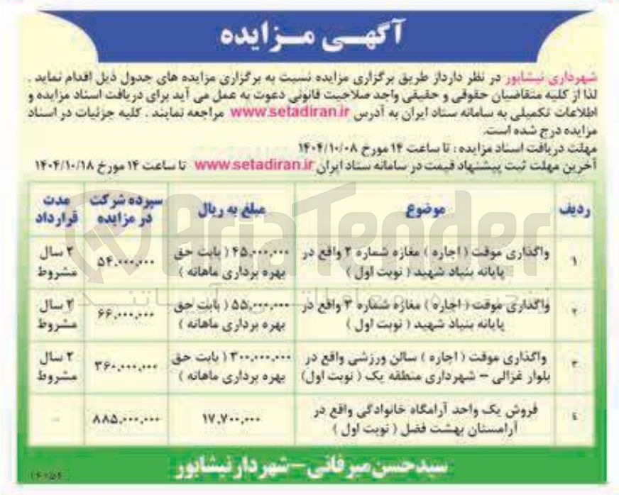 تصویر کوچک آگهی واگذاری موقت ( اجاره ) مغازه شماره ۳ 