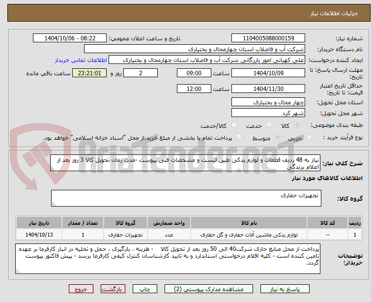 تصویر کوچک آگهی نیاز به 48 ردیف قطعات و لوازم یدکی طبق لیست و مشخصات فنی پیوست -مدت زمان تحویل کالا 3 روز بعد از اعلام برندگی