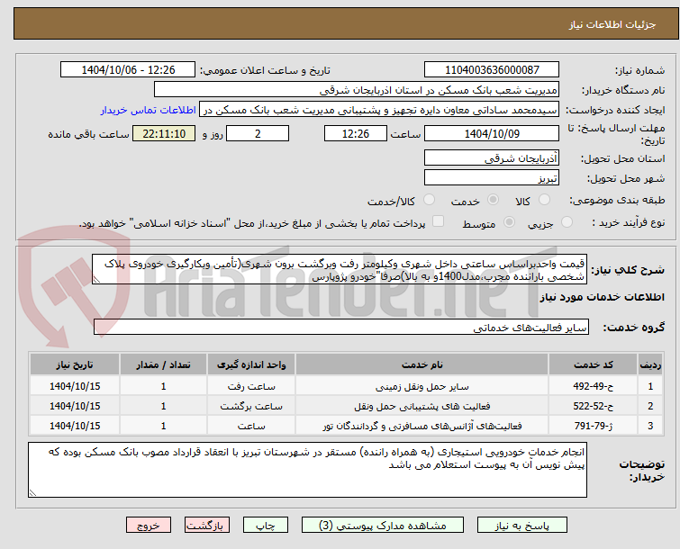 تصویر کوچک آگهی قیمت واحدبراساس ساعتی داخل شهری وکیلومتر رفت وبرگشت برون شهری(تأمین وبکارگیری خودروی پلاک شخصی باراننده مجرب،مدل1400و به بالا)صرفا"خودرو پژوپارس
