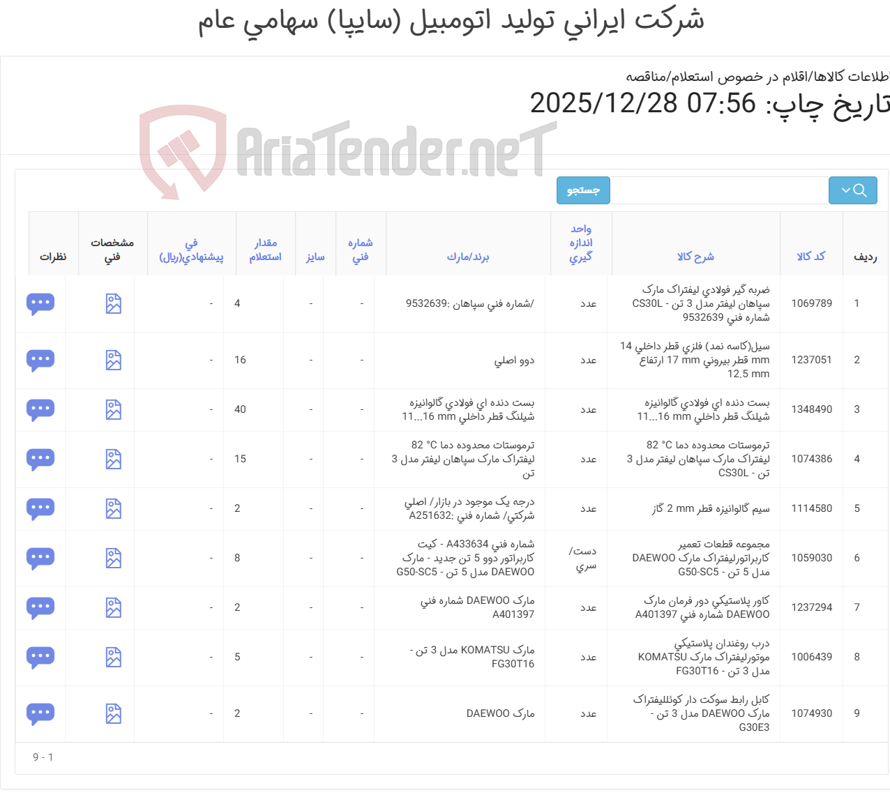 تصویر کوچک آگهی 9 ردیف اقلام لیفتراک