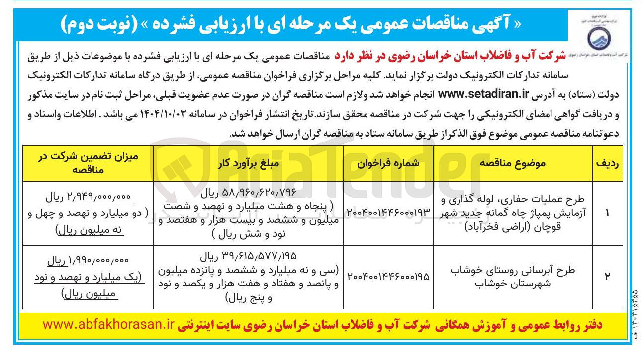 تصویر کوچک آگهی طرح عملیات حفاری لوله گذاری و آزمایش پمپاژ چاه گمانه جدید شهر قوچان اراضی فخرآباد 
