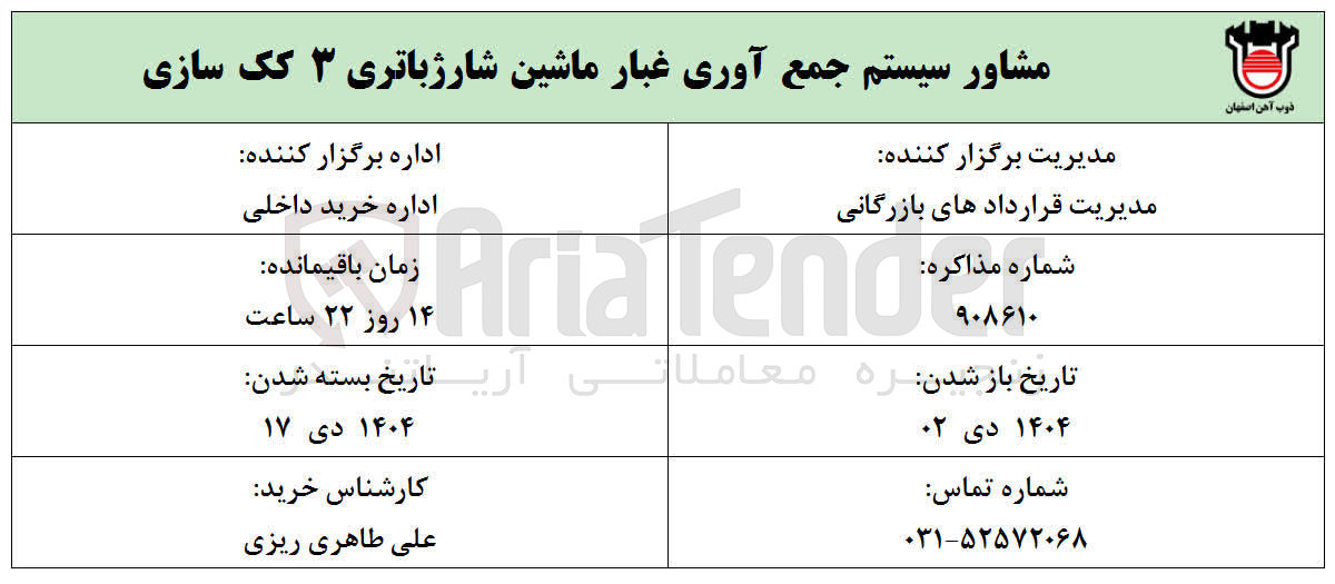 تصویر کوچک آگهی مشاور سیستم جمع آوری غبار ماشین شارژ باتری ۳ کک سازی 
