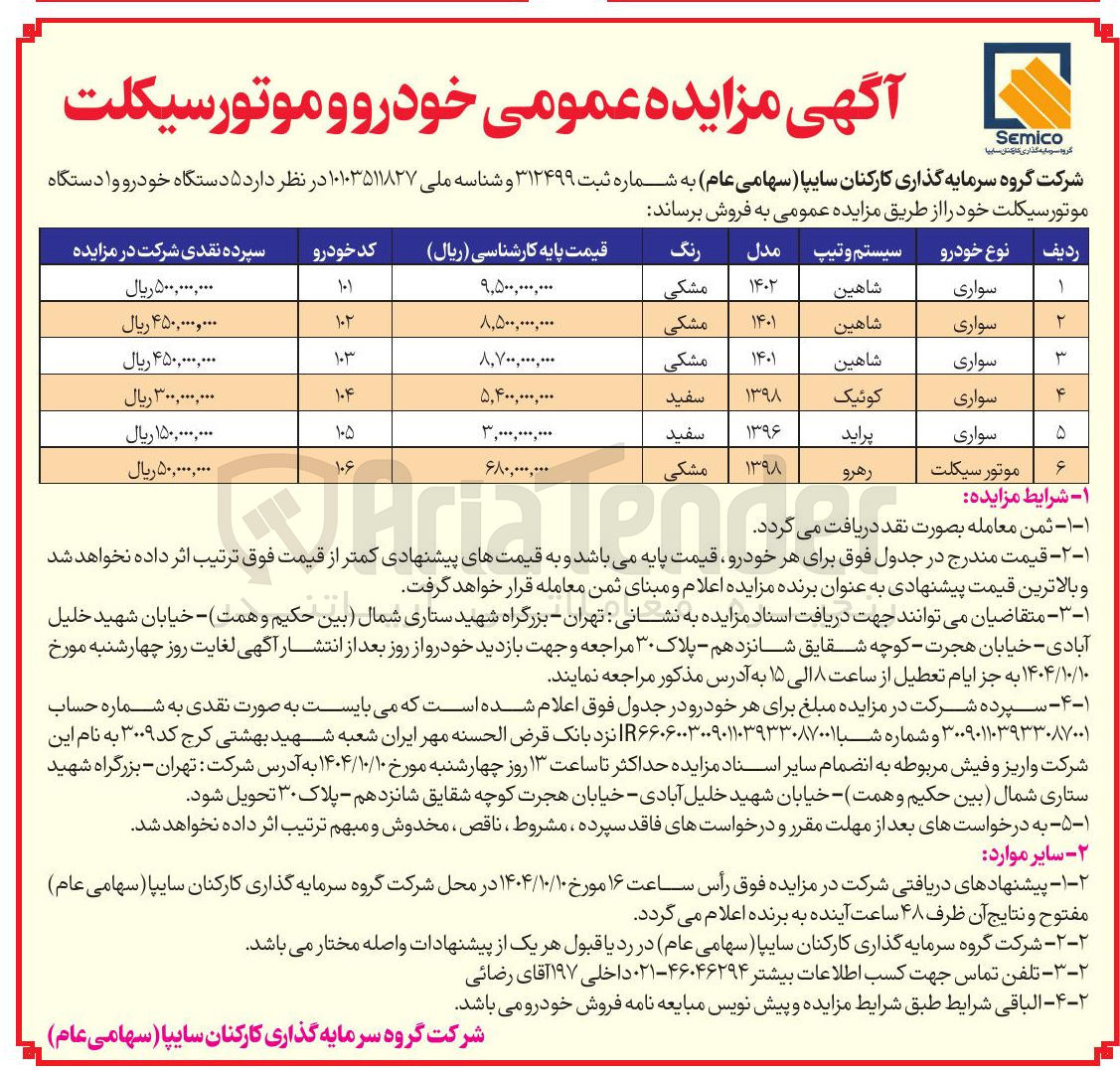 تصویر کوچک آگهی فروش 5 دستگاه خودرو و 1 دستگاه موتور سیکلت