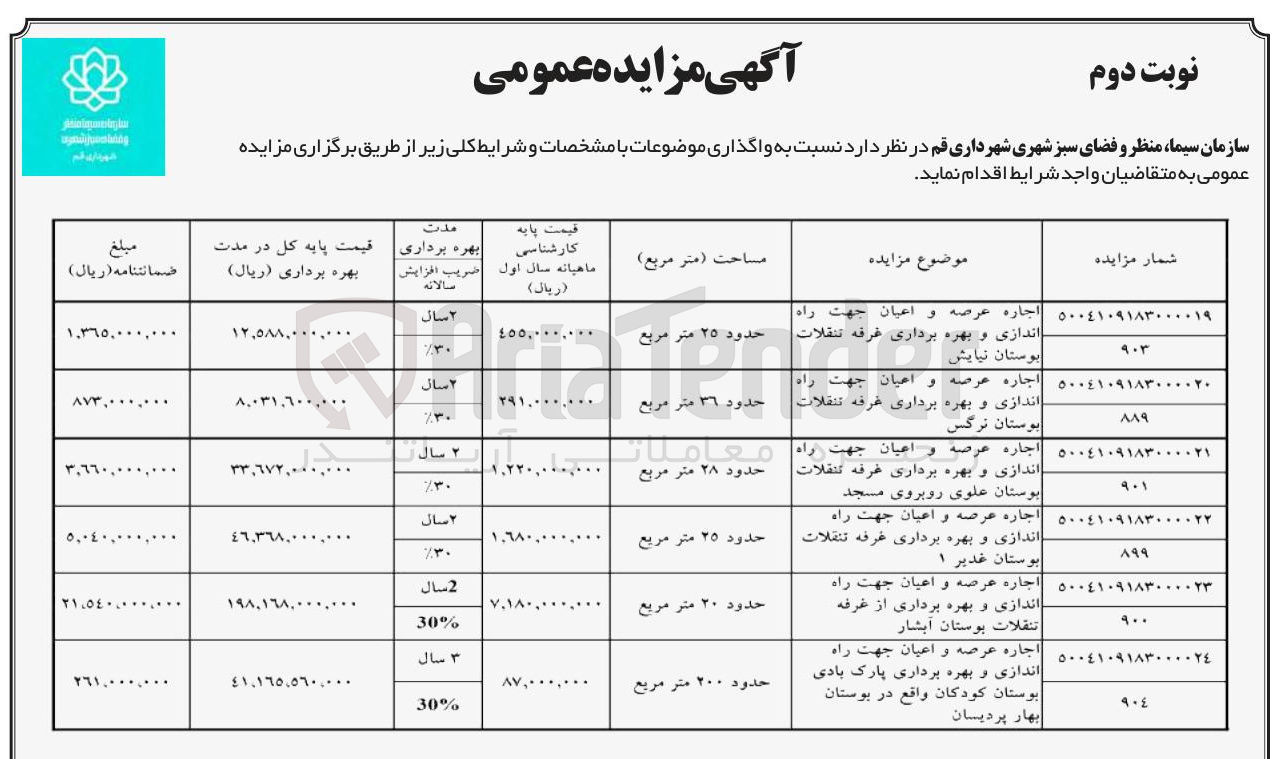 تصویر کوچک آگهی جاره عرصه و اعیان جهت راه 
اندازی و بهره برداری غرفه تنقلات حدود ۲۵ متر مربع بوستان غدیر