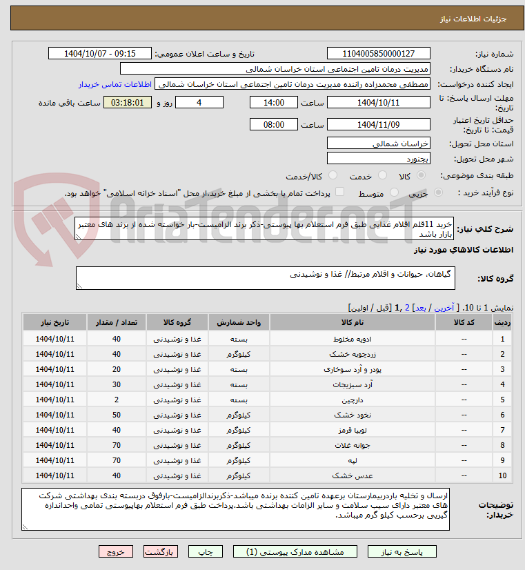 تصویر کوچک آگهی خرید 11قلم اقلام غذایی طبق فرم استعلام بها پیوستی-ذکر برند الزامیست-بار خواسته شده از برند های معتبر بازار باشد
