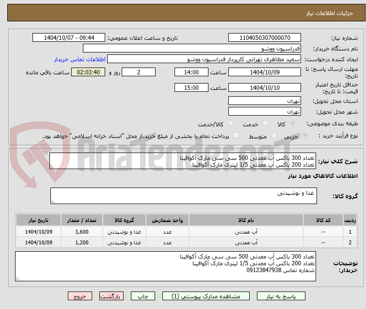تصویر کوچک آگهی تعداد 300 باکس آب معدنی 500 سی سی مارک آکوافینا
تعداد 200 باکس آب معدنی 1/5 لیتری مارک آکوافینا