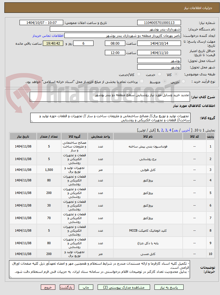 تصویر کوچک آگهی تجدید خرید وسایل مورد نیاز روشنایی سطح منطقه دو بندر بوشهر