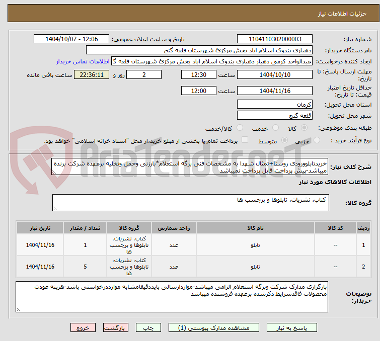 تصویر کوچک آگهی خریدتابلوورودی روستا+تمثال شهدا به مشخصات فنی برگه استعلام*بارزنی وحمل وتخلیه برعهده شرکت برنده میباشد-پیش پرداخت قابل پرداخت نمیباشد