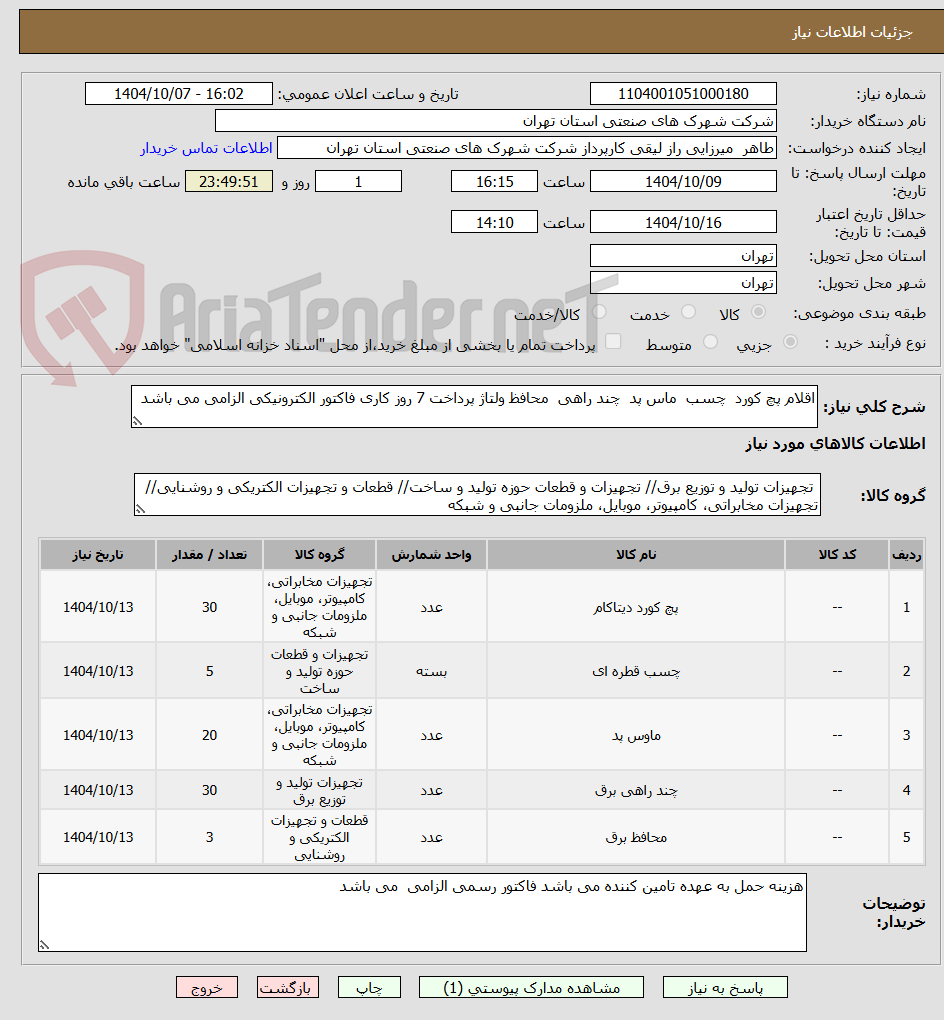 تصویر کوچک آگهی اقلام پچ کورد چسب ماس پد چند راهی محافظ ولتاژ پرداخت 7 روز کاری فاکتور الکترونیکی الزامی می باشد