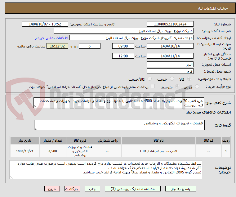 تصویر کوچک آگهی خریدلامپ 70 وات سدیم به تعداد 4500 عدد مطابق با جدول نوع و تعداد و الزامات خرید تجهیزات و مشخصات فنی پیوست 