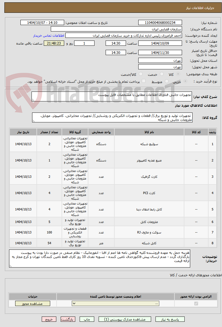 تصویر کوچک آگهی تجهیزات جانبی فناوری اطلاعات مطابق با مشخصات فایل پیوست