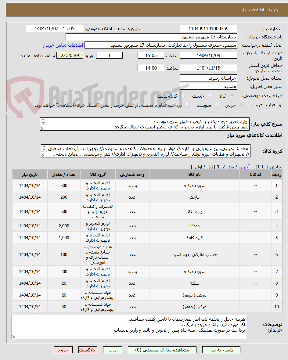 تصویر کوچک آگهی لوازم تحریر درجه یک و با کیفیت طبق شرح پیوست
لطفا پیش فاکتور با برند لوازم تحریر بارگزاری درغیر اینصورت ابطال میگردد