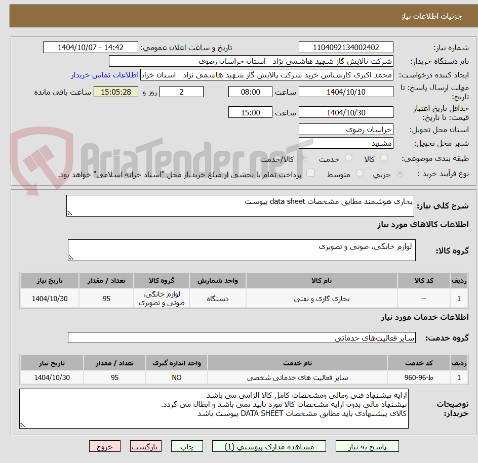 تصویر کوچک آگهی بخاری هوشمند مطابق مشخصات data sheet پیوست 