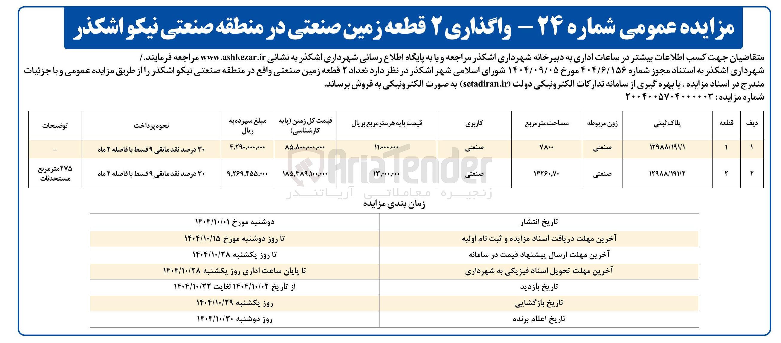 تصویر کوچک آگهی  واگذاری ۲ قطعه زمین صنعتی