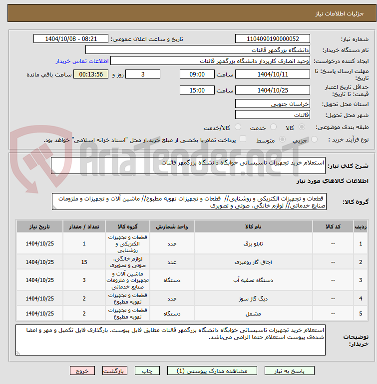 تصویر کوچک آگهی استعلام خرید تجهیزات تاسیساتی خوابگاه دانشگاه بزرگمهر قائنات