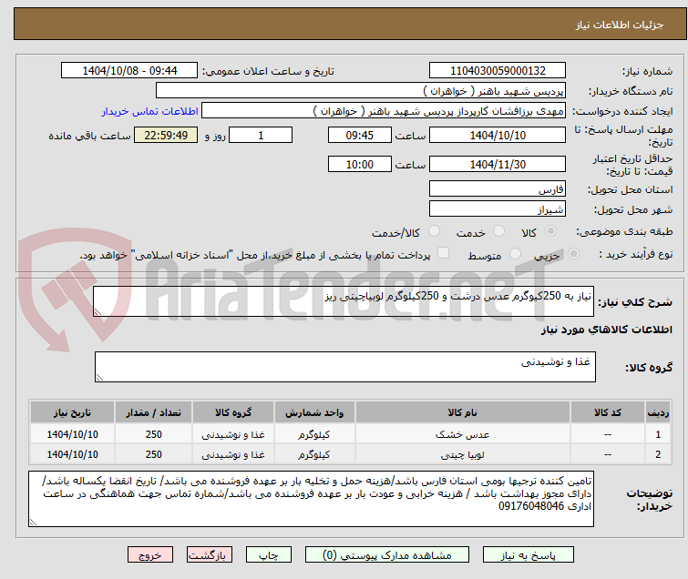 تصویر کوچک آگهی نیاز به 250کیوگرم عدس درشت و 250کیلوگرم لوبیاچیتی ریز