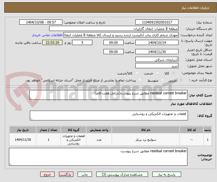 تصویر کوچک آگهی residual current breaker مطابق شرح پیوست(شامل هفت قلم)
