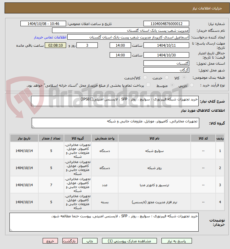 تصویر کوچک آگهی خرید تجهیزات شبکه فیبرنوری ؛ سوئیچ ، روتر ، SFP ، لایسنس امنیتی(IPSEC)