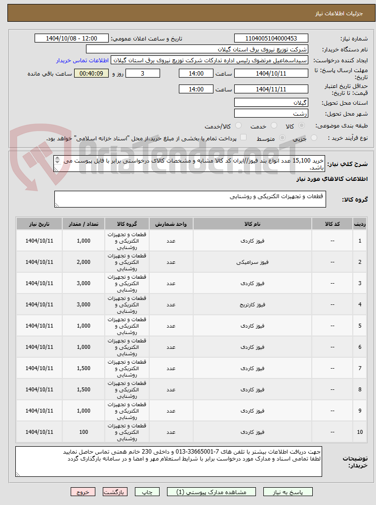 تصویر کوچک آگهی خرید 15,100 عدد انواع بند فیوز//ایران کد کالا مشابه و مشخصات کالای درخواستی برابر با فایل پیوست می باشد.