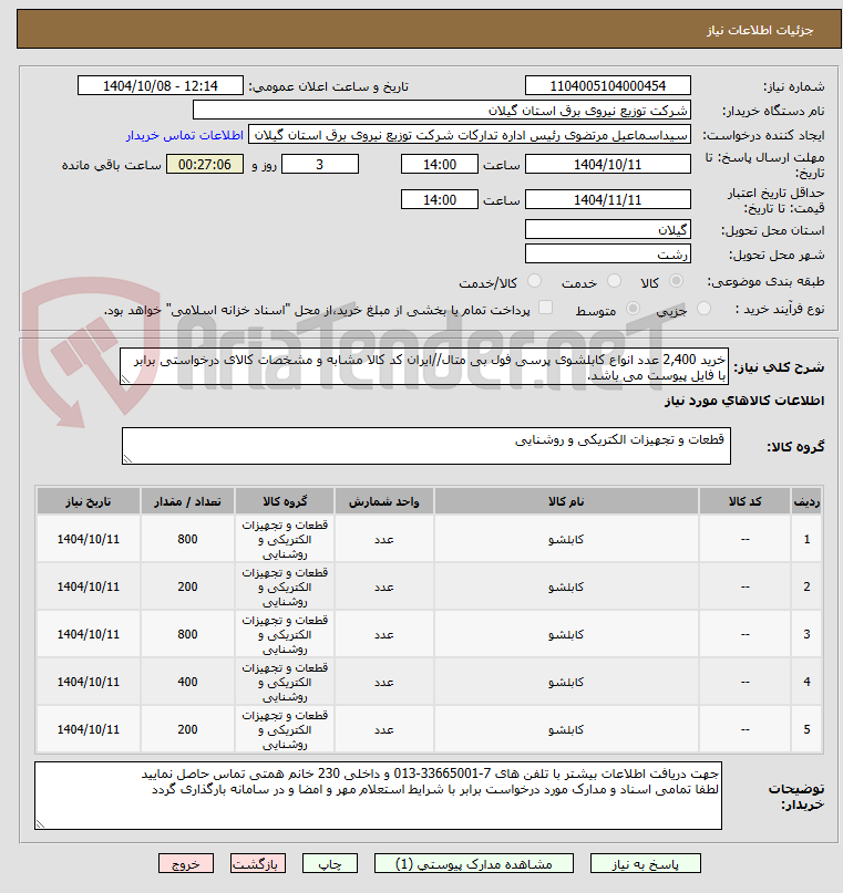 تصویر کوچک آگهی خرید 2,400 عدد انواع کابلشوی پرسی فول بی متال//ایران کد کالا مشابه و مشخصات کالای درخواستی برابر با فایل پیوست می باشد.