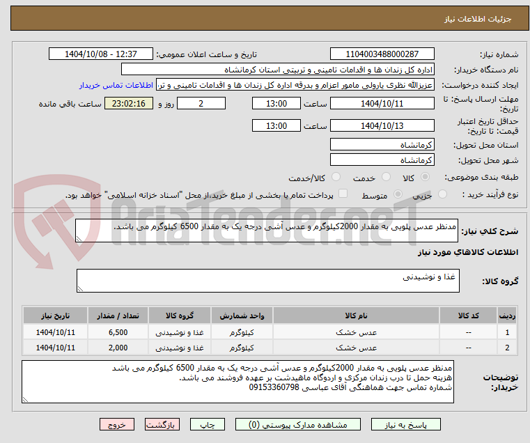تصویر کوچک آگهی مدنظر عدس پلویی به مقدار 2000کیلوگرم و عدس آشی درجه یک به مقدار 6500 کیلوگرم می باشد.