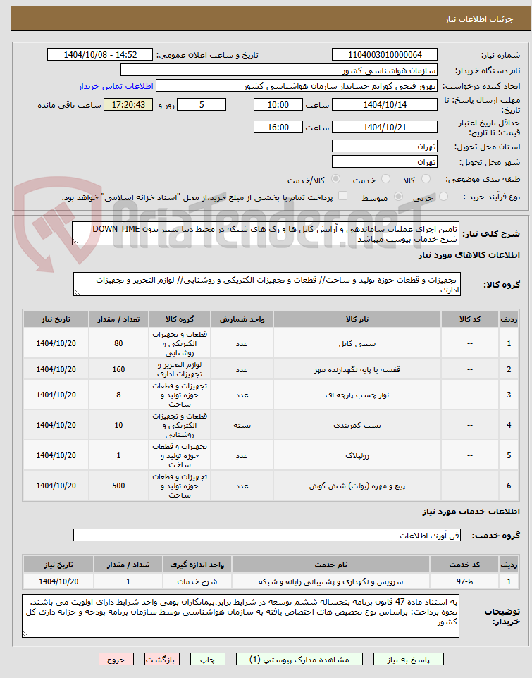 تصویر کوچک آگهی تامین اجرای عملیات ساماندهی و آرایش کابل ها و رک های شبکه در محیط دیتا سنتر بدون DOWN TIME
شرح خدمات پیوست میباشد